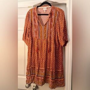 Knox Rose Boho Print Rayon Tunic Dress Rust & Mustard - Size Large